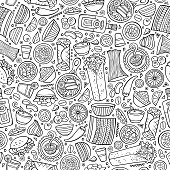 Cartoon cute hand drawn Mexican food seamless pattern. Line art detailed, with lots of objects background. Endless funny vector illustration.