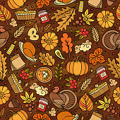 Cartoon cute hand drawn Thanksgiving seamless pattern. Colorful detailed, with lots of objects background. Endless funny vector illustration. Bright colors backdrop with autumn items.