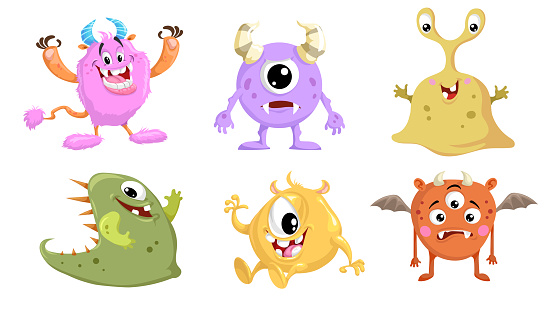 Cartoon cute monsters set. Funny creatures collection. Best for birthday and Halloween party designs. Vector illustrations isolated on white background.