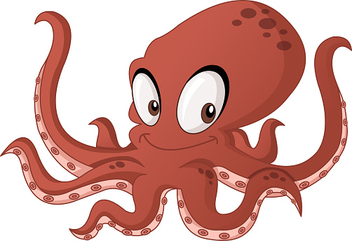Cartoon cute Octopus. Vector illustration of funny happy animal.