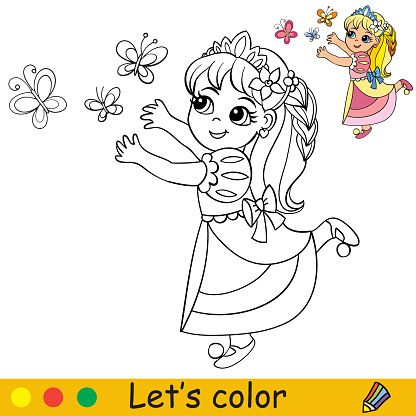 Cartoon cute princess catches beautiful butterflies coloring