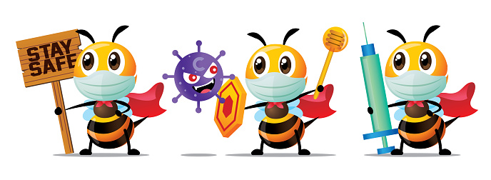 Cartoon cute Superhero bee mascot series set. Cute bees wearing surgical masks and holdings syringe needle, shield and Stay Safe wooden signboard to fight with Covid-19 virus and bacteria - mascot set