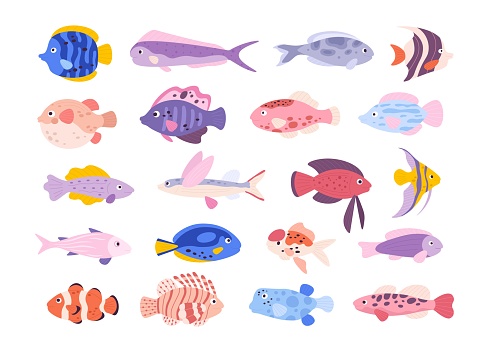 Cartoon cute tropical ocean exotic aquarium fishes. Goldfishes, tetra, barb, angelfish and lionfish. Small freshwater fish pets vector set