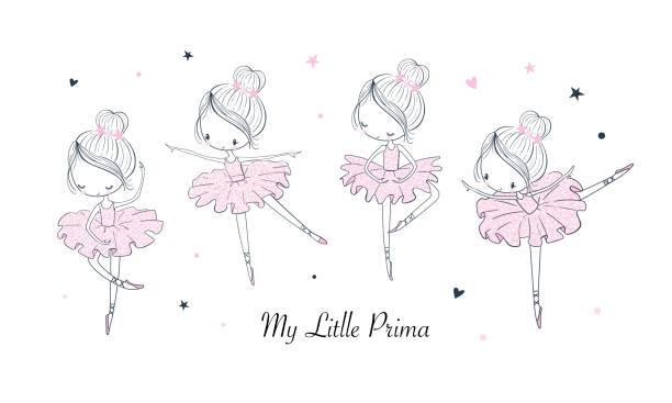 Cartoon dancing ballerina vector illustrations set Cartoon dancing ballerina in a shiny skirt illustrations set. Sketch line isolated design elements. Vector clipart. Use for print, surface design, fashion wear, baby shower dancing drawings stock illustrations