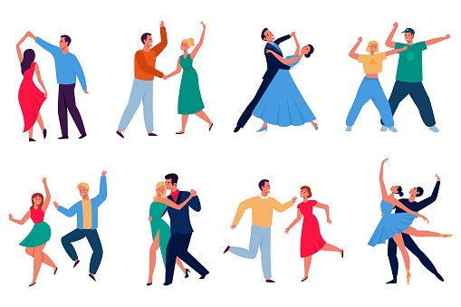Cartoon dancing couples. Different dancers performing, happy persons in stage outfits, funny cartoon characters, men and women, waltz and tango, modern choreography and ballet vector set