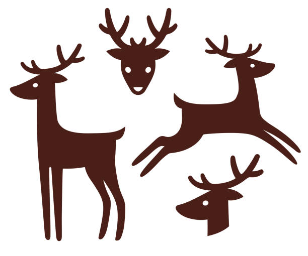 Cartoon deer silhouette set Cartoon deer silhouette set. Standing and jumping, head with antlers in front view and profile. Isolated vector illustration collection. reindeer stock illustrations