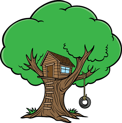 Cartoon depiction of tree house with tire swing