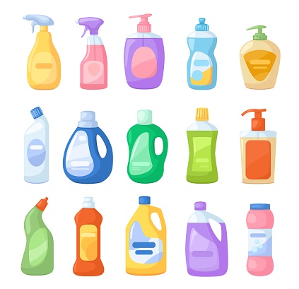 Cartoon detergent bottle. Cleaner, bleach, disinfectants, antiseptic, liquid soap. Spray detergents products for home cleaning vector set