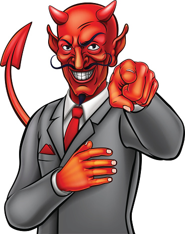 Cartoon devil Satan businessman in suit pointing his finger in a wants you gesture vector