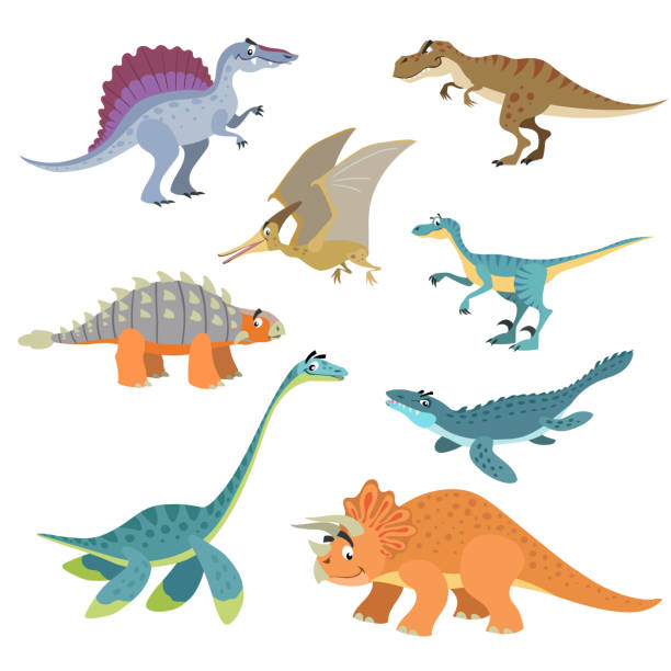 Cartoon dinosaurs set. Cute dinosaurs collection in flat funny style. Predators and herbivores prehistoric wild animals. Vector illustration isolated on white background. Cartoon dinosaurs set. Cute dinosaurs collection in flat funny style. Predators and herbivores prehistoric wild animals. Vector illustration isolated on white background. fossil site stock illustrations