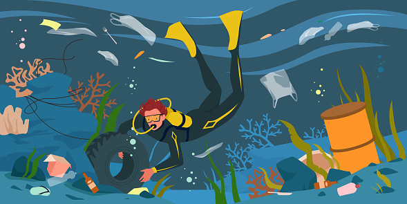 Cartoon dirty underwater scenery with man collecting garbage, car tire, plastic bottle and paper box background. Scuba diver cleaning sea ocean water from plastic trash pollution vector illustration.