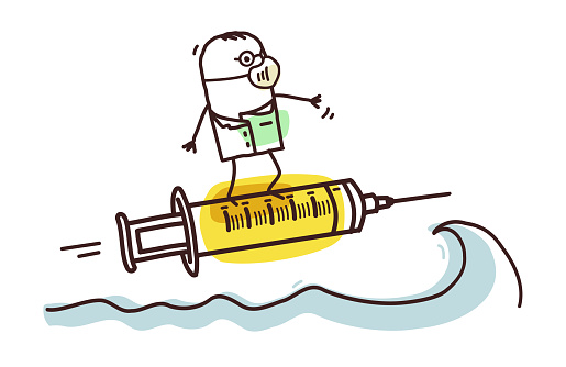 Cartoon Doctor Surfing on the Wave with Syringe and Vaccine