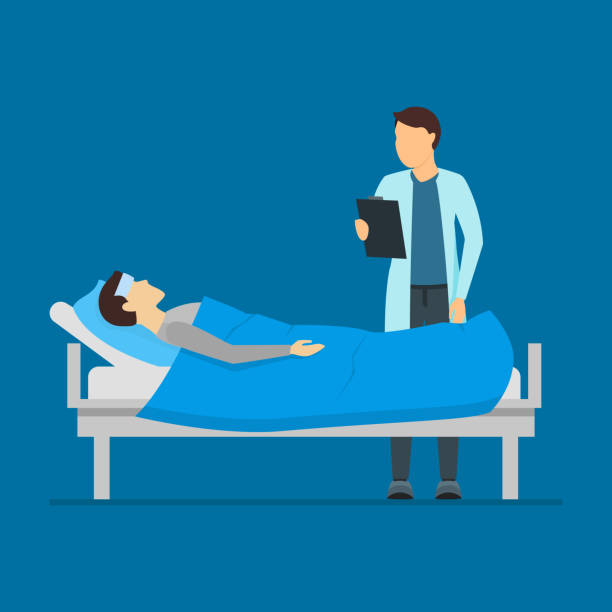 Cartoon Doctors and Patients Characters People. Vector Cartoon Doctors and Patients Characters People Medicine Concept Element Flat Design Style. Vector illustration of Bed Rest patient in hospital bed stock illustrations