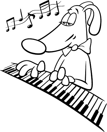 cartoon dog animal character playing the piano coloring page