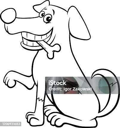 Siyah Beyaz Cizgi Film Kopek Kemik Ile Clipart Goruntusu