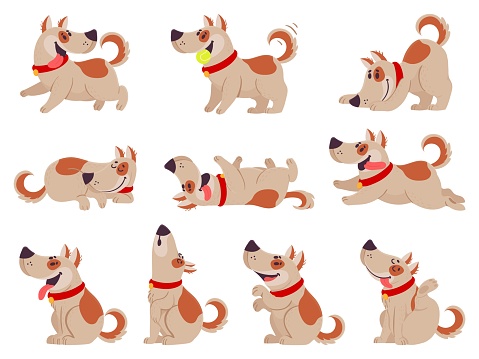 Cartoon dog. Cute dogs in daily routine eating, jumping wiggle and sleeping, running and barking, different poses pet activity vector set.