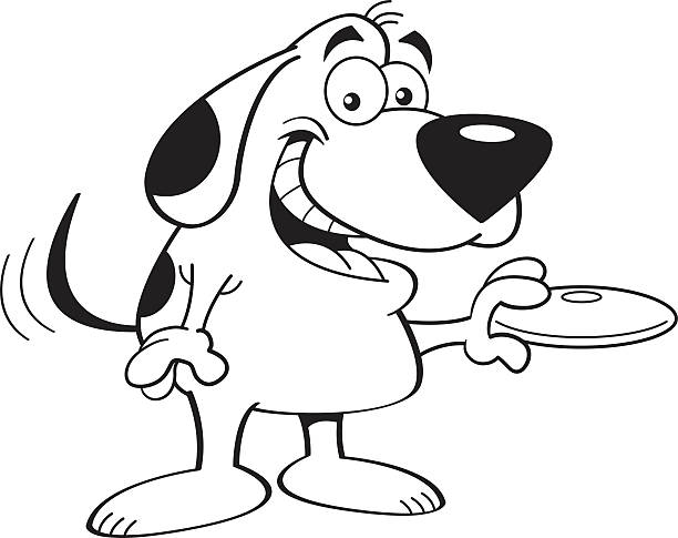 Cartoon dog holding a flying disk. Black and white illustration of a dog holding a flying disk. frisbee clipart stock illustrations