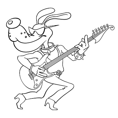 Cartoon dog plays rock music on the electric guitar. Funny cartoon dog musician. Vector outline image of a guitarist dog. Illustration isolated on white.