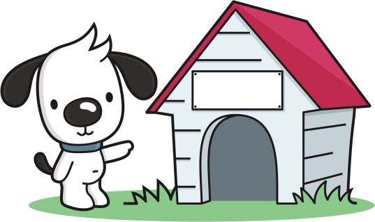 cartoon dog points to a pet house with blank sign