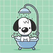 vector illustration of a little dog must take a bath in the bathtub