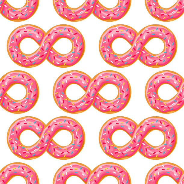 cartoon donuts mit rosa glasur und farbigen streuseln auf weißem hintergrund. nahtloses muster. textur für stoff, verpackung, tapete. dekorative druck. - homer simpson stock-grafiken, -clipart, -cartoons und -symbole