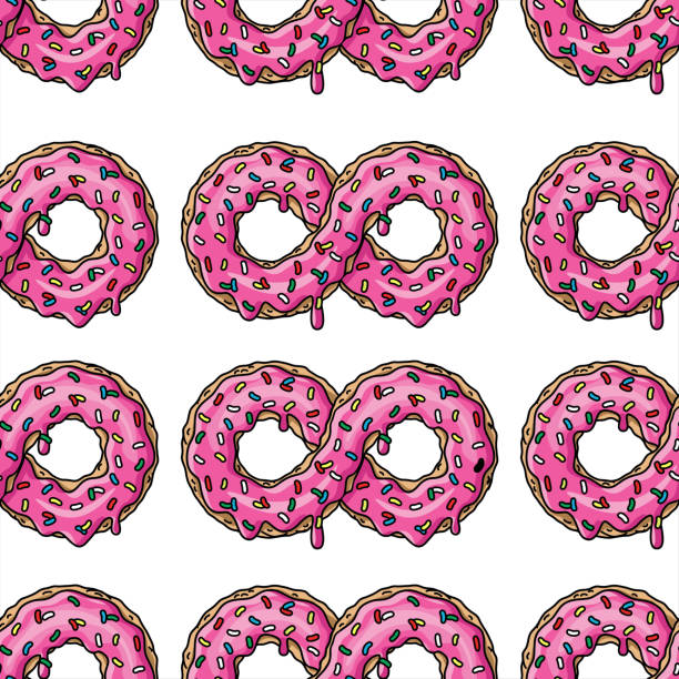 cartoon donuts mit rosa glasur und farbigen streuseln auf weißem hintergrund. nahtloses muster. textur für stoff, verpackung, tapete. dekorative druck. - homer simpson stock-grafiken, -clipart, -cartoons und -symbole