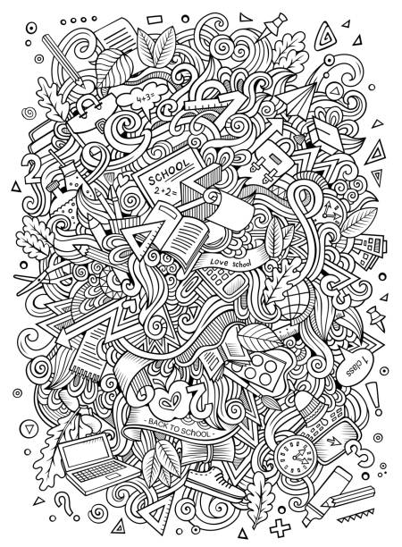 Cartoon doodles hand drawn School illustration Cartoon cute doodles hand drawn School illustration. Line art detailed, with lots of objects background. Funny vector artwork. Sketchy picture with education theme items. teacher backgrounds stock illustrations