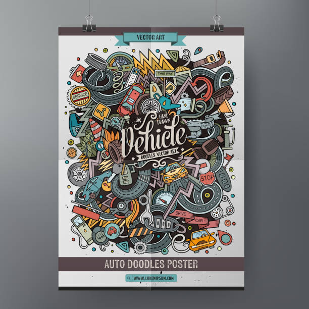 Cartoon doodles Vehicle poster Cartoon colorful hand drawn doodles Vehicle poster template. Very detailed, with lots of objects illustration. Funny vector artwork. Corporate identity design garage borders stock illustrations