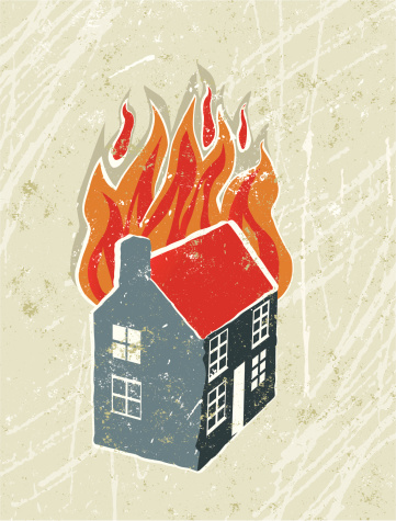 Cartoon drawing of a house on fire with a white background