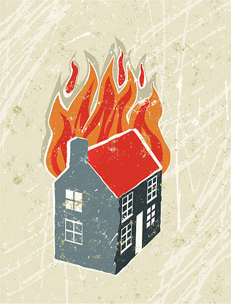 Cartoon drawing of a house on fire with a white background Hot house! A stylized vector cartoon of the a house on fire,reminiscent of an old screen print poster and suggesting accident, danger, disaster, crisis or insurance. House, flames, paper texture and background are on different layers for easy editing. Please note: clipping paths have been used, an eps version is included without the path. house fire stock illustrations