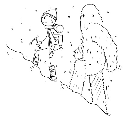 Cartoon Drawing of Mountaineer or Alpinist Walking Through Snow Followed By Yeti