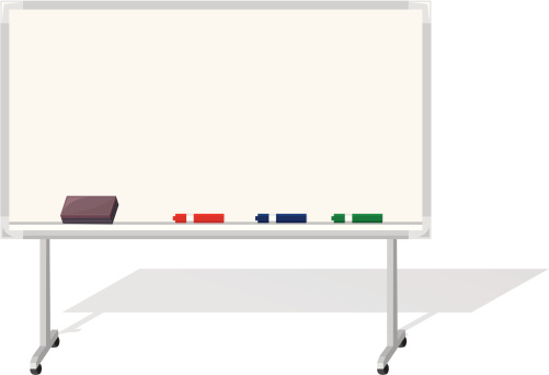 Cartoon drawing of whiteboard with eraser and markers