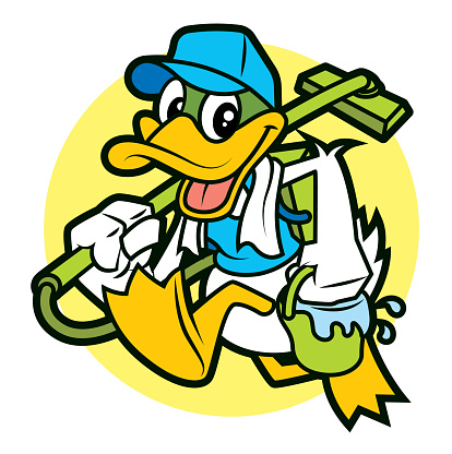 Cartoon duck the cleaner mascot holding a vacuum cleaner and pail with water