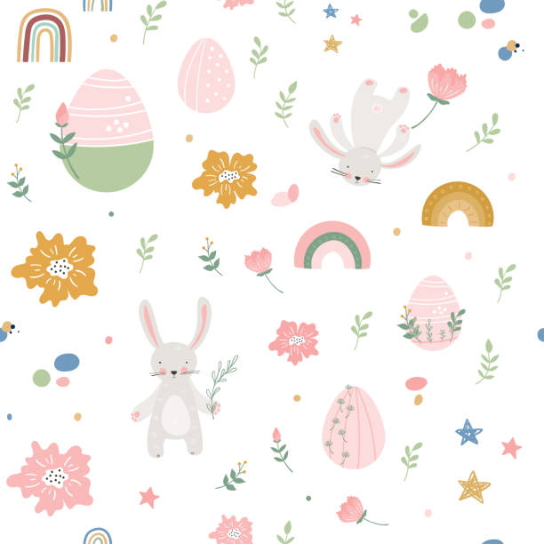 Cartoon easter eggs pattern for wrapping paper Cartoon cute easter eggs and rabbit pattern. Vector wallpaper easter sunday stock illustrations
