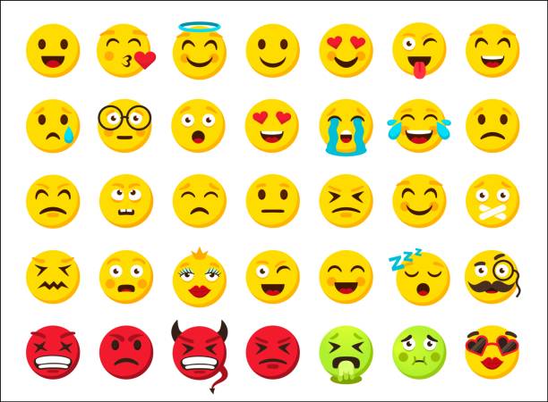 karikatür emojisi. sarı ve kırmızı kötü yuvarlak gülen, eğlenceli ve üzgün yüz duygu clipart. online haberci etiketi. gülümseme ifade sembolleri, sohbet simgeleri. vektör web şablonu yalıtılmış küme - emoji stock illustrations