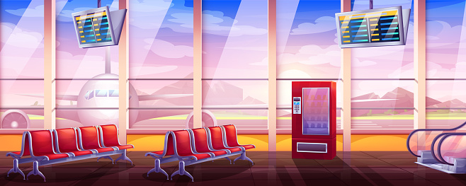 Cartoon empty airport terminal interior with waiting area