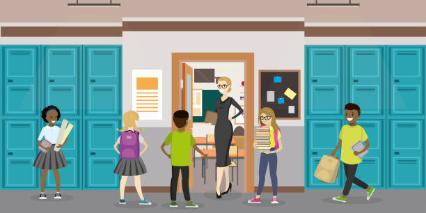 stockillustraties, clipart, cartoons en iconen met cartoon lege school interieur en open deur in klas - alleen tieners