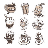A set of 9 espresso icons in funny cartoon style.