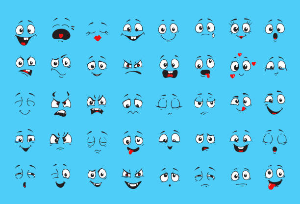 Cartoon faces for humor or comics design, Funny expressions collection. Smiling angry. Cartoon faces for humor or comics design, Funny expressions collection. Smiling angry. fictional character stock illustrations