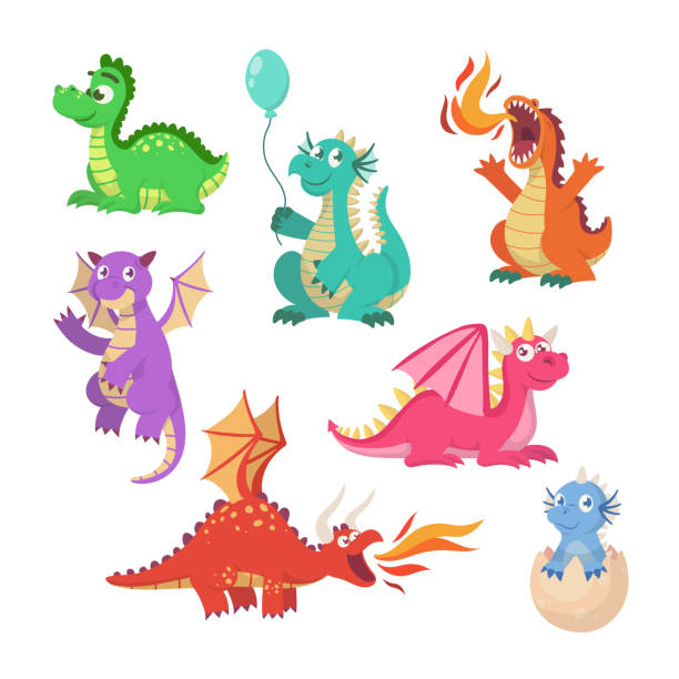 Cartoon fairy dragons vector illustrations set Cartoon fairytale dragons vector illustrations set. Collection of cute flying dragons, dinosaurs, fire breathing monsters with wings isolated on white background. Fairytale for kids, magical concept dragon stock illustrations