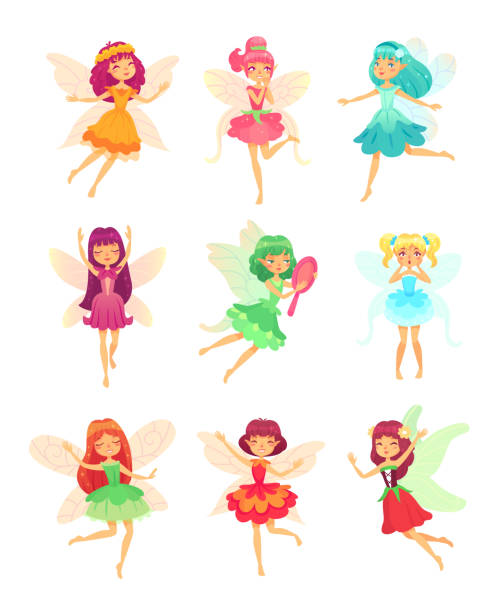 Cartoon fairy girls. Cute fairies dancing in colorful dresses. Magic flying little creatures characters with wings vector set Cartoon fairy girls. Cute fairies dancing in colorful dresses. Magic flying little colorful tale pixie creatures characters in sparkly dress with wings, long dark hair fantasy vector isolated icon set fairy stock illustrations