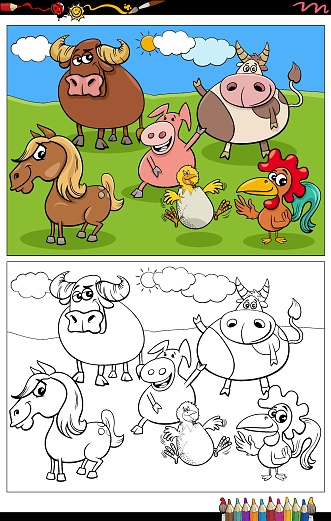 cartoon farm animals characters group coloring book page