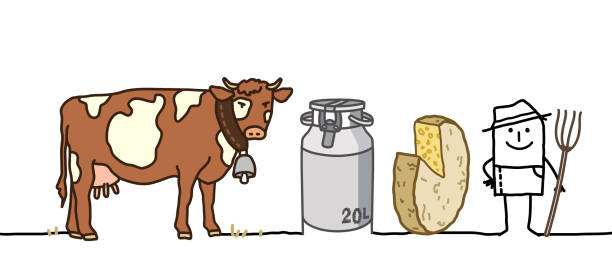 illustrazioni stock, clip art, cartoni animati e icone di tendenza di cartoon farmer con mucca e formaggio - savoia