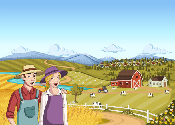 ilustrações, clipart, desenhos animados e ícones de fazendeiros dos desenhos animados. pares na frente da exploração agrícola colorida com celeiro - gado brasil