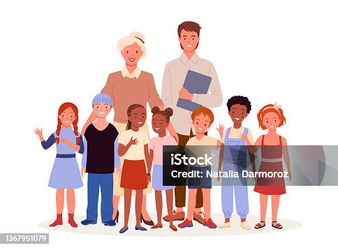 istock Cartoon female educator standing with happy young students, group of cute kids smiling and cheerful pupils waving with fun. Primary education concept. Teacher and school children vector illustration. 1367951079