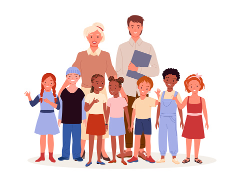 Cartoon female educator standing with happy young students, group of cute kids smiling and cheerful pupils waving with fun. Primary education concept. Teacher and school children vector illustration.