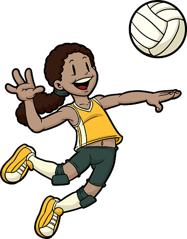 Cartoon female volleyball player jumping to hit the ball