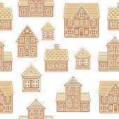 Cartoon Festive Gingerbread Houses Seamless Pattern Background on a White Sweet Christmas Traditional Cookie Concept Element Flat Design Style. Vector illustration of Winter Food