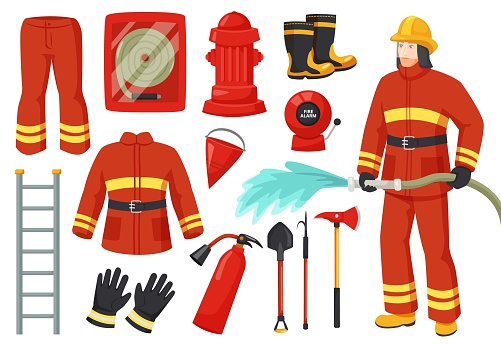 Cartoon firefighter character with fire fighting equipment and tools. Fireman uniform, hydrant, fire alarm, extinguisher, firehose vector set