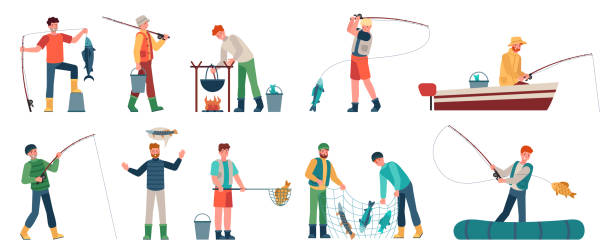 ilustrações de stock, clip art, desenhos animados e ícones de cartoon fisherman. fishermen in boats holding net or spinning. fisher with fish, fishing accessory, hobby angling vacation vector characters - fisherman